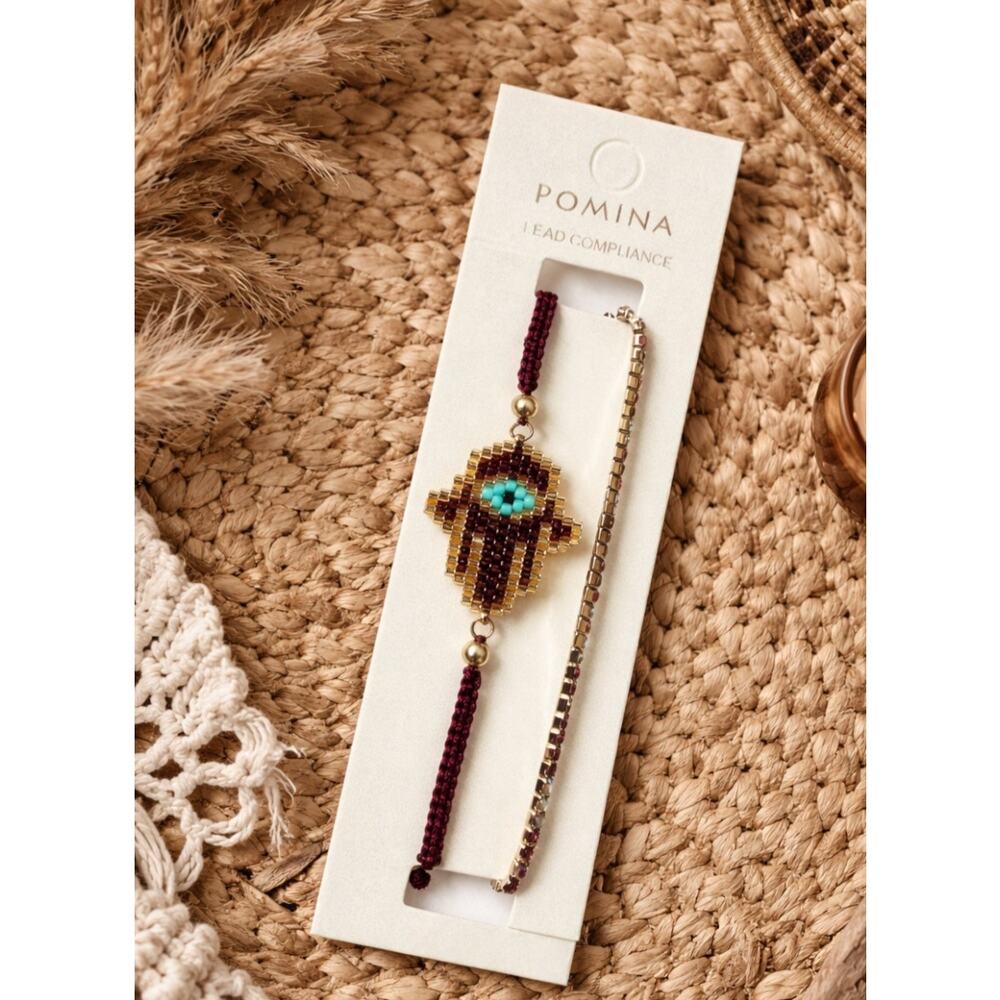 Pomina Burgundy Hamas Rhinestone Bracelet Set New